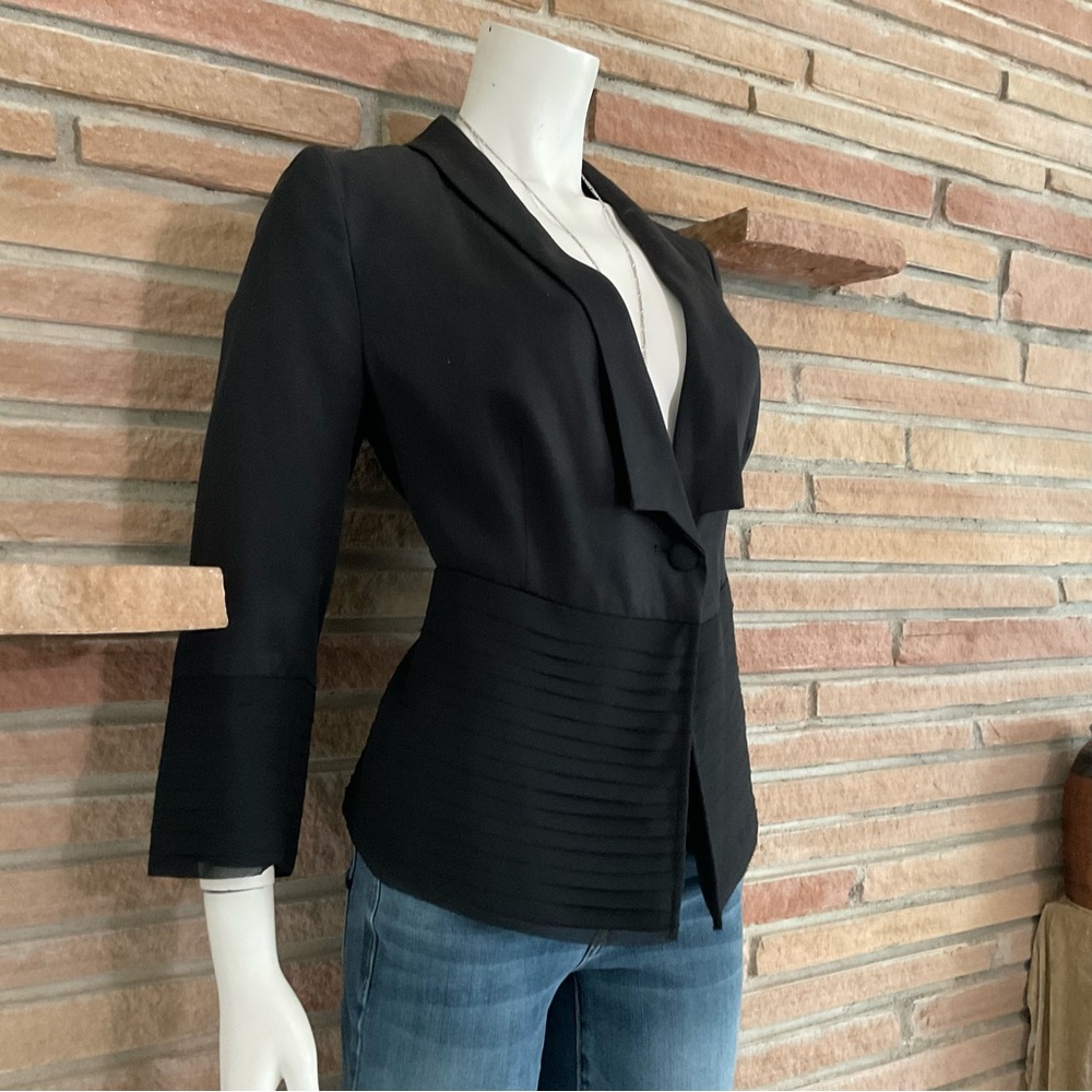 Anthropologie Fleur Wood Black Jacket Tencel Blazer Tiered Size 8